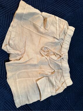 Nicole Miller Linen Blend Beige Tan Utility Cargo Shorts Small Drawstring